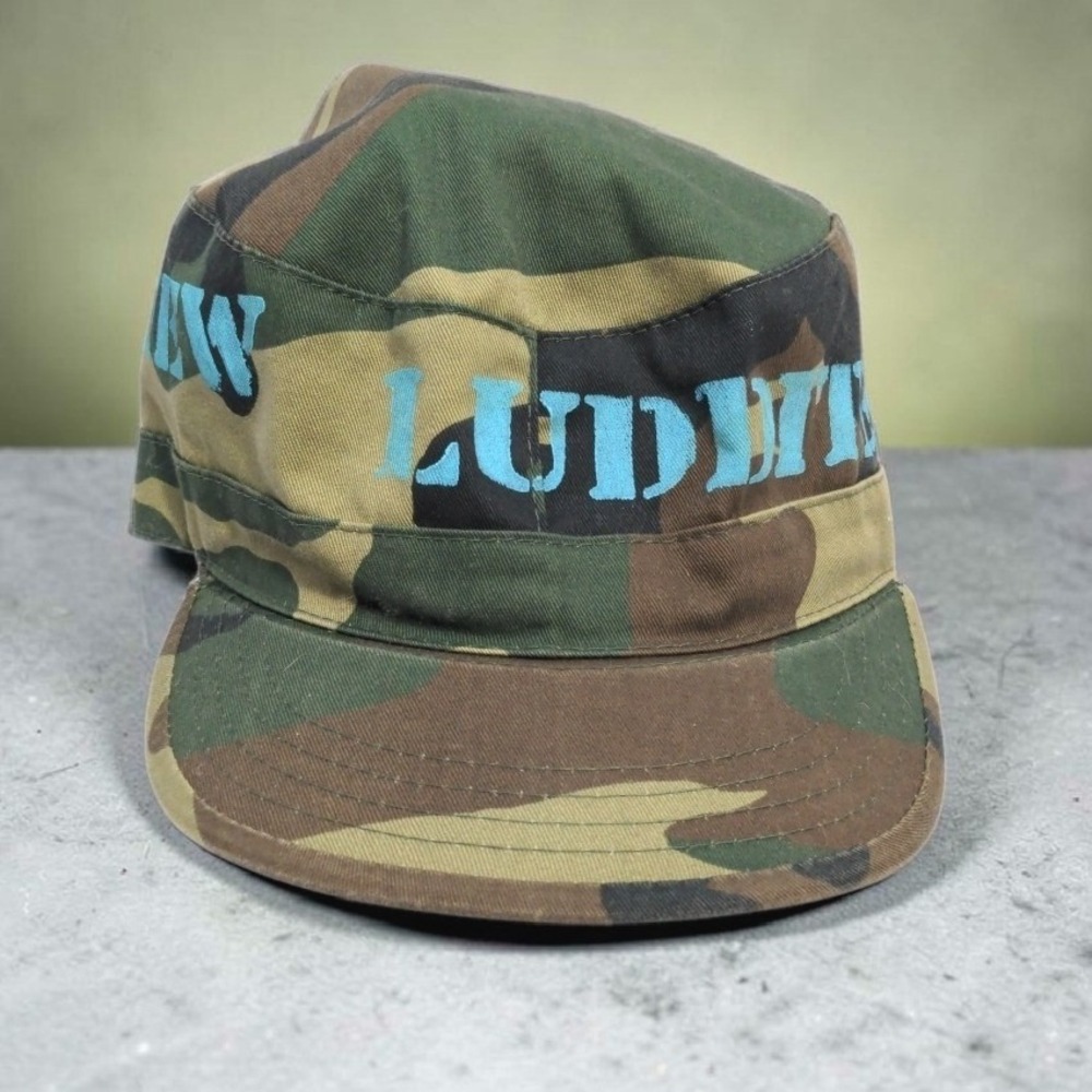 VTG 1988 Grand New Luddites Camo Combat Cap Custom Painted Military Hat M 7 1/4